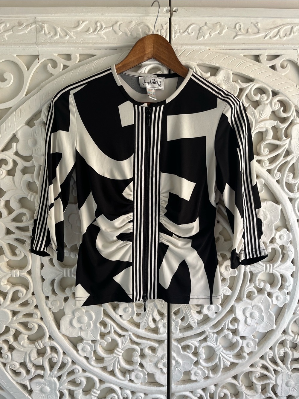 Joseph Ribkoff Black White Abstract Zip Front Jacket Top Size 8
